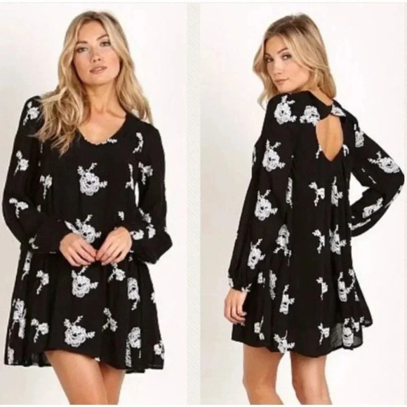 Free People Womens Emma Austin Floral Embroidered Mini Dress Black Sz Xs - Picture 1 of 15